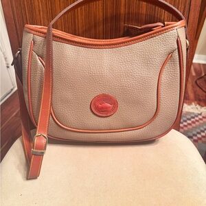 Vintage Dooney & Bourke  Crescent Bag in Taupe w/British Tan Leather Trim